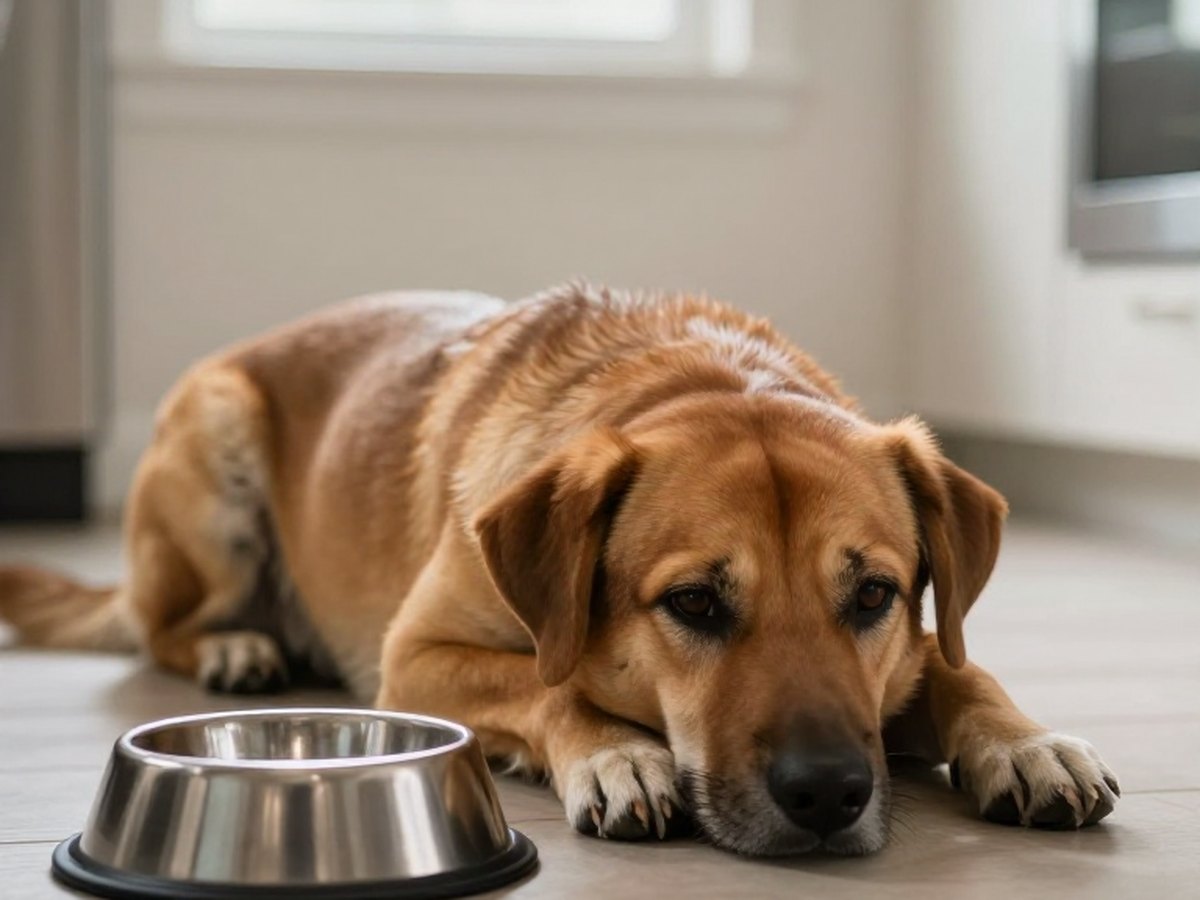 Perro triste tumbado junto a un cuenco de comida lleno que ignora