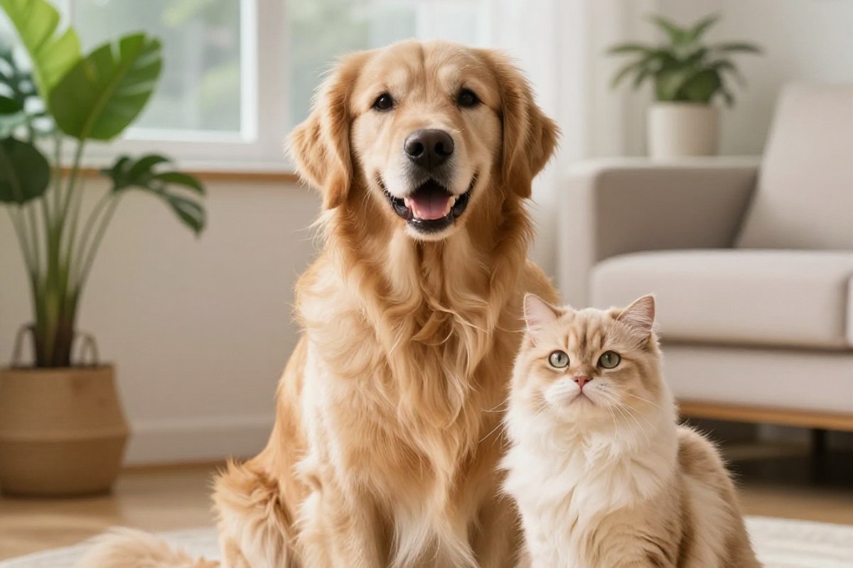 Un perro y un gato felices en casa